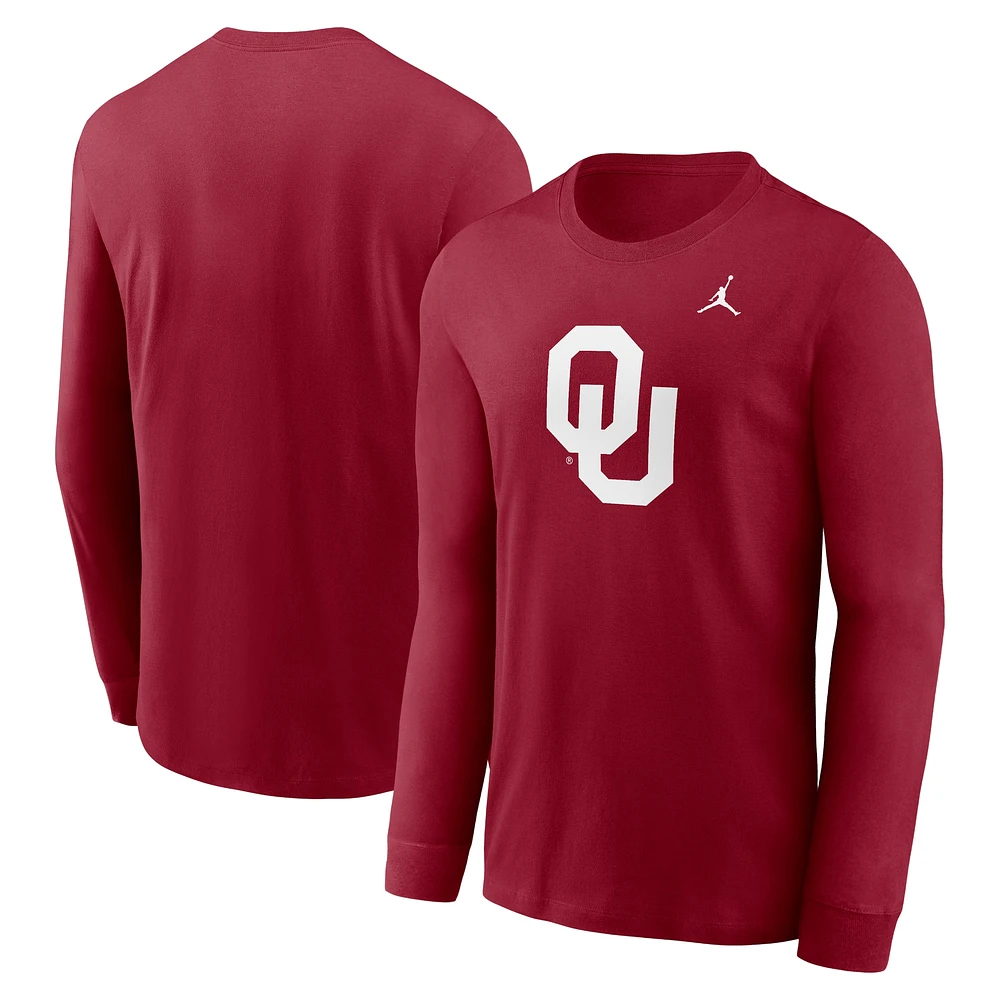 T-shirt à manches longues avec logo principal Jordan Brand Crimson Oklahoma Sooners pour hommes