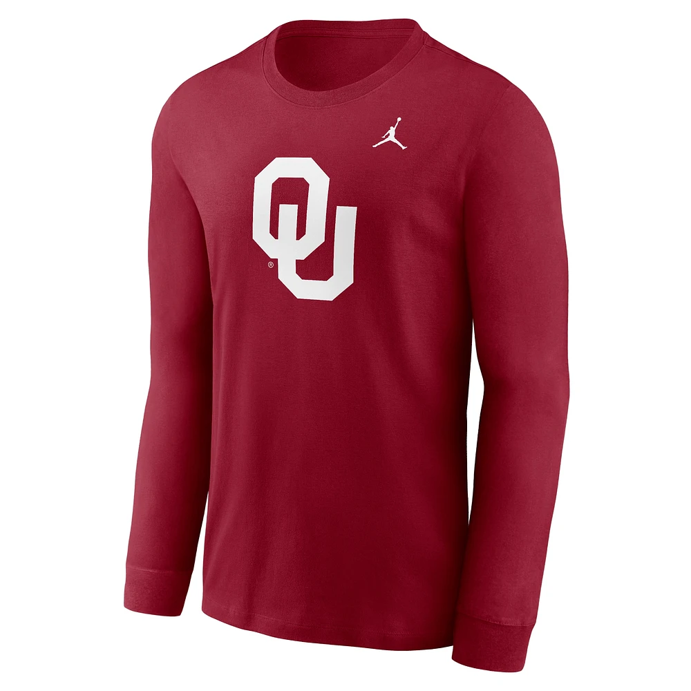 T-shirt à manches longues avec logo principal Jordan Brand Crimson Oklahoma Sooners pour hommes