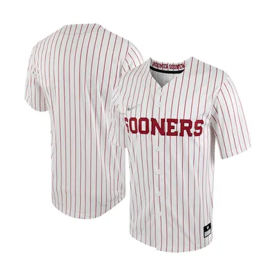 Maillot de baseball réplique à boutons complets Nike pour homme, blanc/cramoisi, Oklahoma Sooners Pinstripe