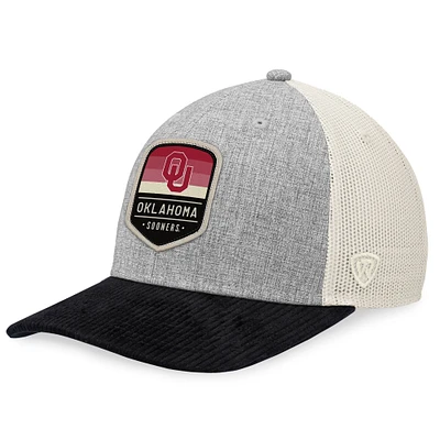 Men's Top of the World Heather Gray/Black Oklahoma Sooners Slick Adventure Trucker Snapback Hat