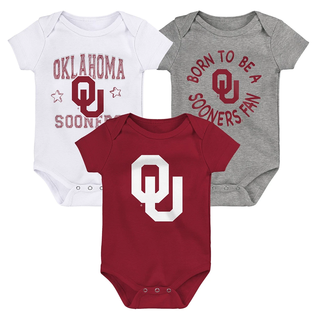 Ensemble de 3 bodys Born To Be pour nouveau-nés et nourrissons Cramoisi/Blanc/Gris chiné Oklahoma Sooners