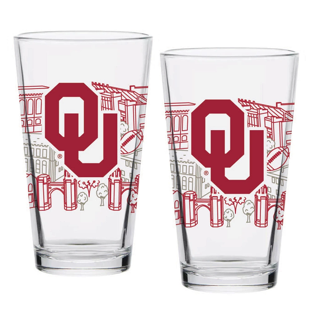 Oklahoma Sooners Two-Pack 16oz. Campus Line Art Pint Glass Set