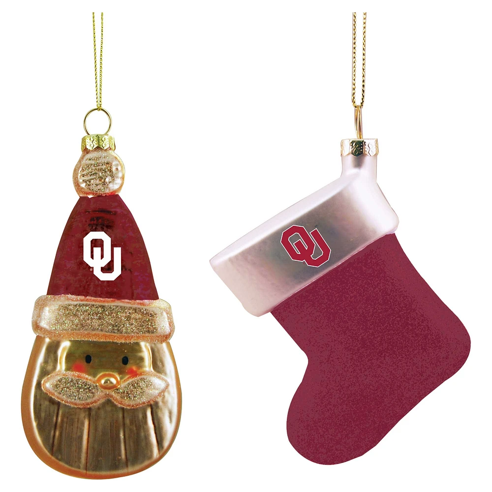 Oklahoma Sooners Lot de deux décorations en verre soufflé Père Noël et bas