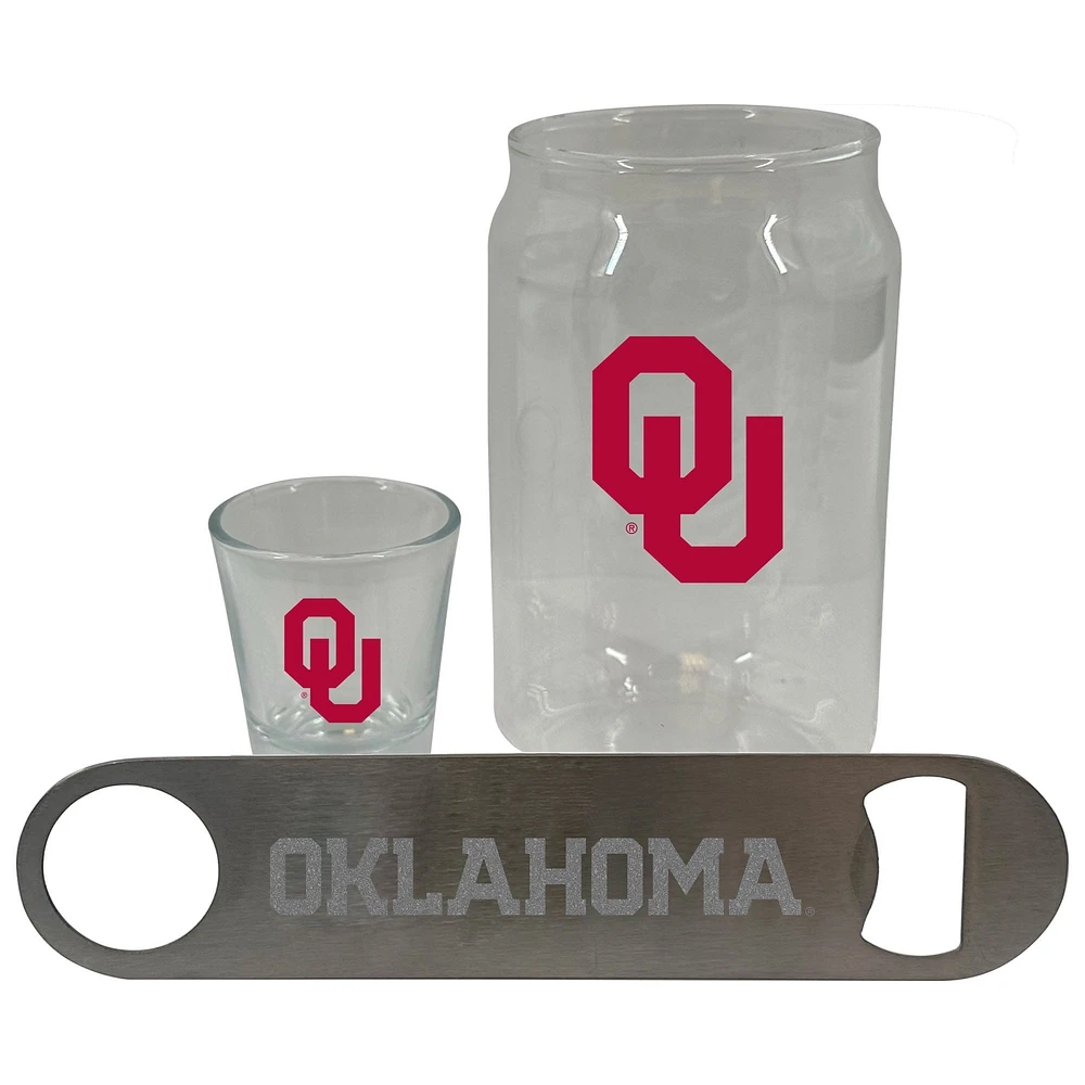 Lot de trois verres à bière The Memory Company Oklahoma Sooners, 2 oz. Ensemble verre à liqueur et décapsuleur