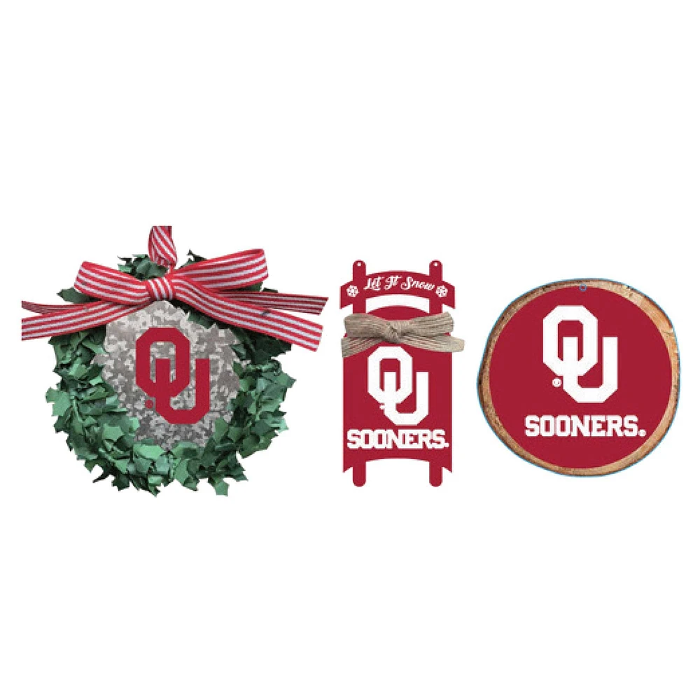 The Memory Company Oklahoma Sooners Lot de trois couronnes, traîneaux et décorations circulaires