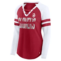 Women's Fanatics  Crimson Oklahoma Sooners Iconic Raglan Lace-Up V-Neck Long Sleeve T-Shirt