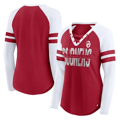Women's Fanatics  Crimson Oklahoma Sooners Iconic Raglan Lace-Up V-Neck Long Sleeve T-Shirt