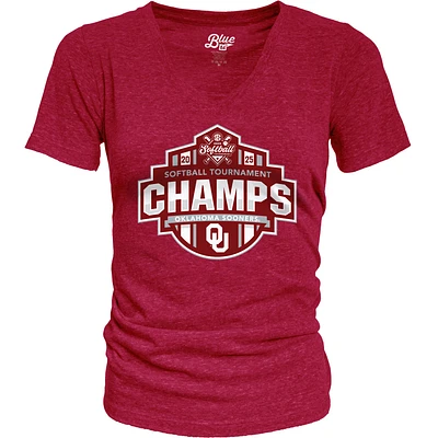 Women's Blue 84  Crimson Oklahoma Sooners 2025 SEC Softball Conference Tournament Champions Locker Room V-Neck T-Shirt