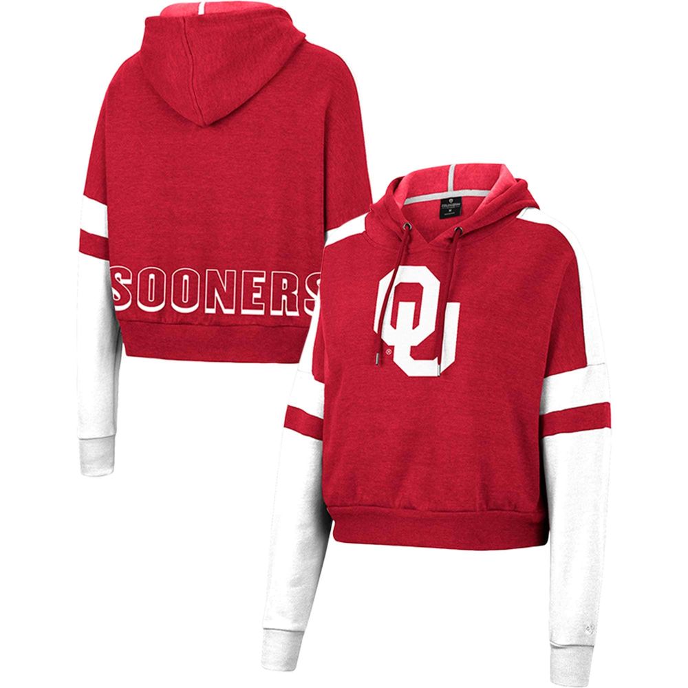 Women's Colosseum Crimson Oklahoma Sooners Throwback Stripe Arch Logo Cropped Pullover Hoodie