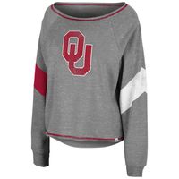 Women's Colosseum Heather Gray Oklahoma Sooners Amped Chevron Stripe Raglan Boat Neck Pullover Sweatshirt