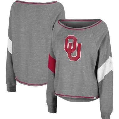 Women's Colosseum Heather Gray Oklahoma Sooners Amped Chevron Stripe Raglan Boat Neck Pullover Sweatshirt