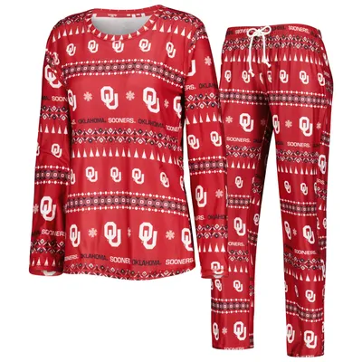 Oklahoma Sooners Concepts Sport Women's Flurry Ugly Sweater Long Sleeve T-Shirt & Pants Sleep Set - Crimson