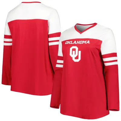 Oklahoma Sooners Women's Plus Long Sleeve Stripe V-Neck T-Shirt - Crimson