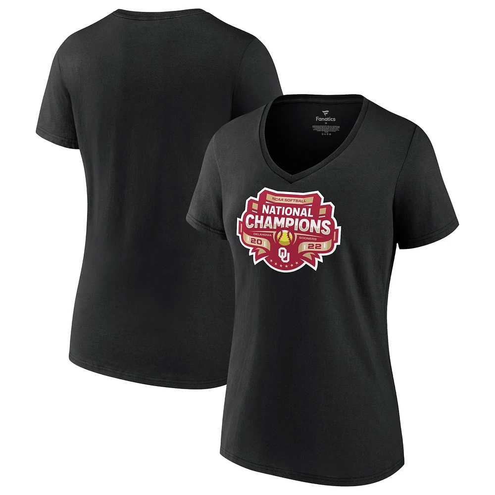 Women's Fanatics Black Oklahoma Sooners 2022 NCAA Softball College World Series Champions Strike V-Neck T-Shirt