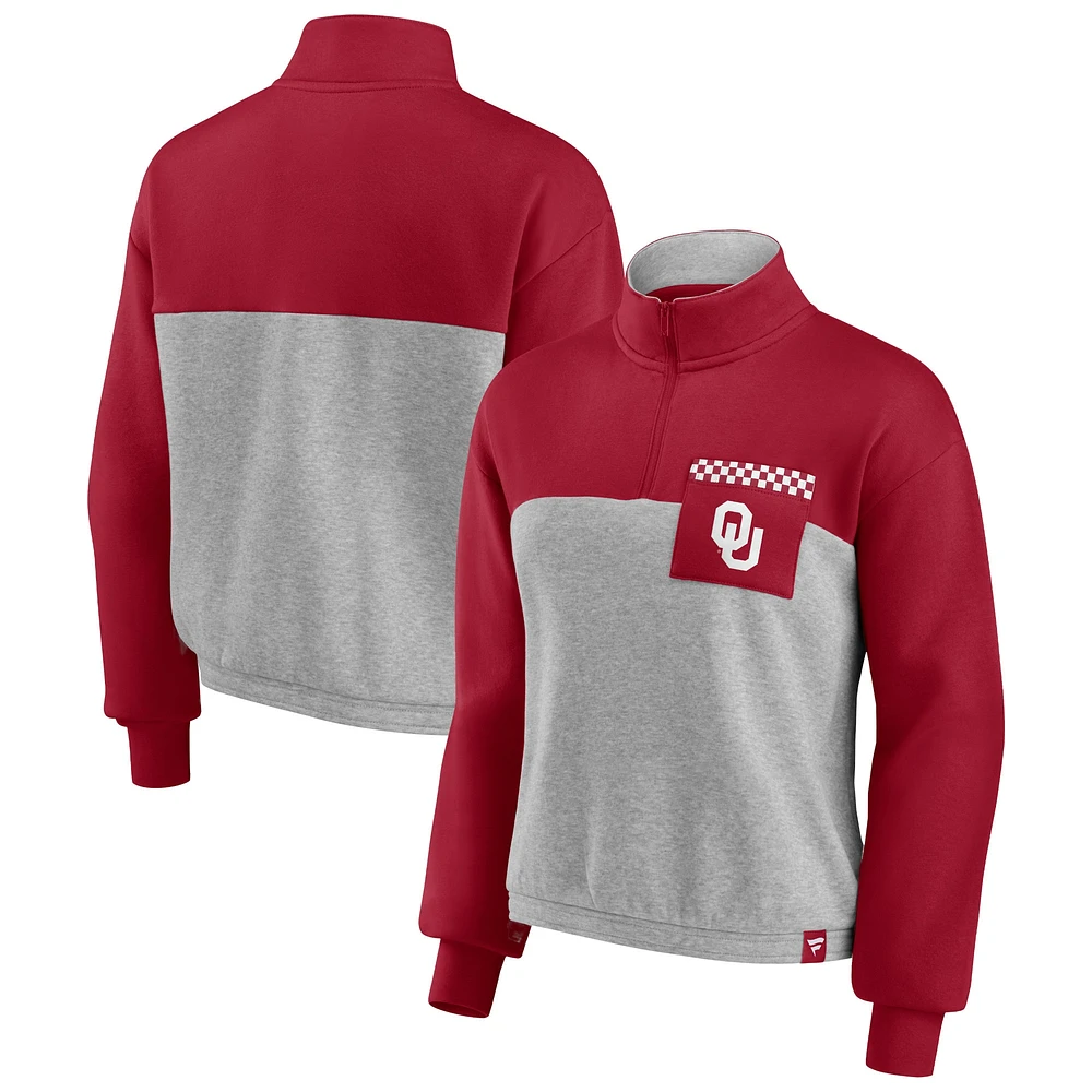 Veste à quart de zip Oklahoma Sooners Fanatics Crimson/Heathered Grey pour femmes Sideline to