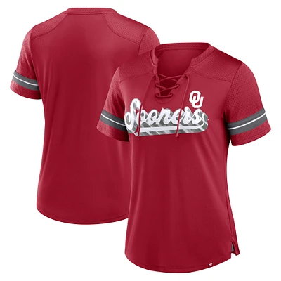 Women's Fanatics Crimson Oklahoma Sooners Fundamental Overtime Readiness Athena Lace-Up V-Neck T-Shirt