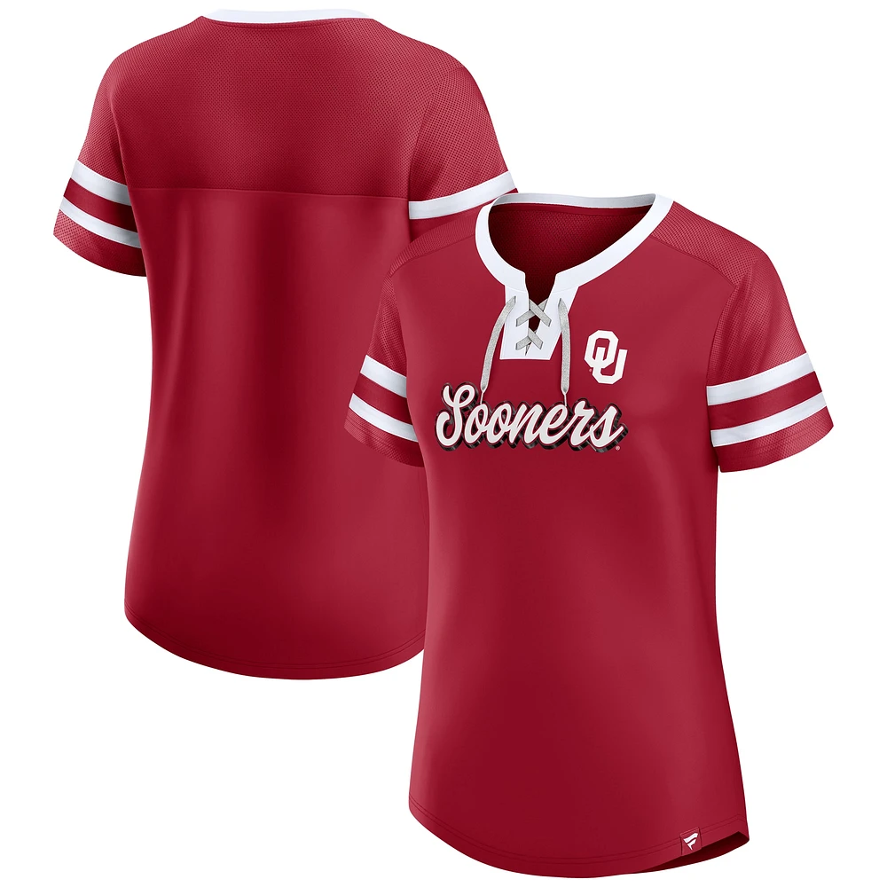 T-shirt à lacets emblématique Athena pour femmes Fanatics Crimson Oklahoma Sooners