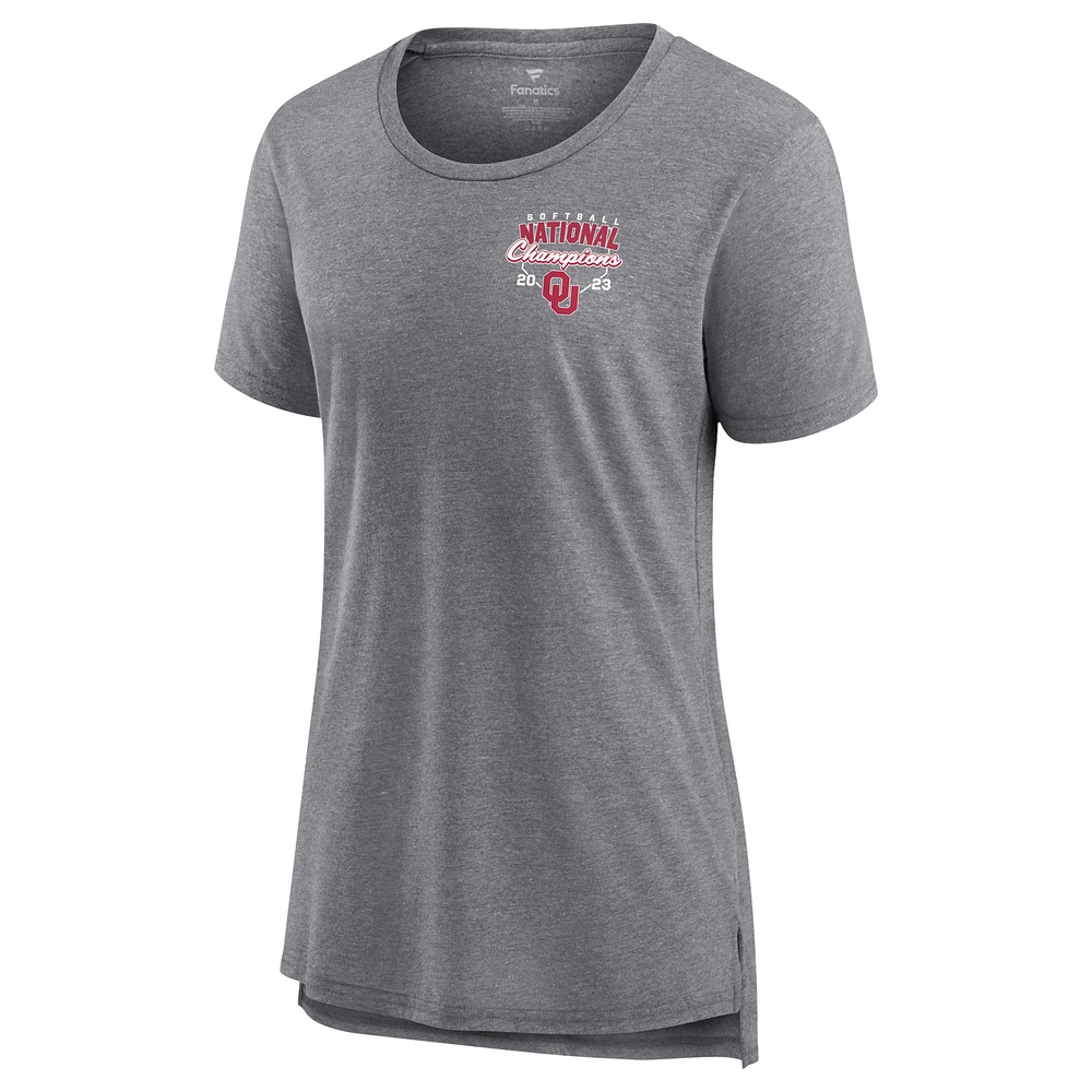 Women's Fanatics Heather Gray Oklahoma Sooners 2023 NCAA Softball College World Series Champions Tri-Blend Schedule T-Shirt