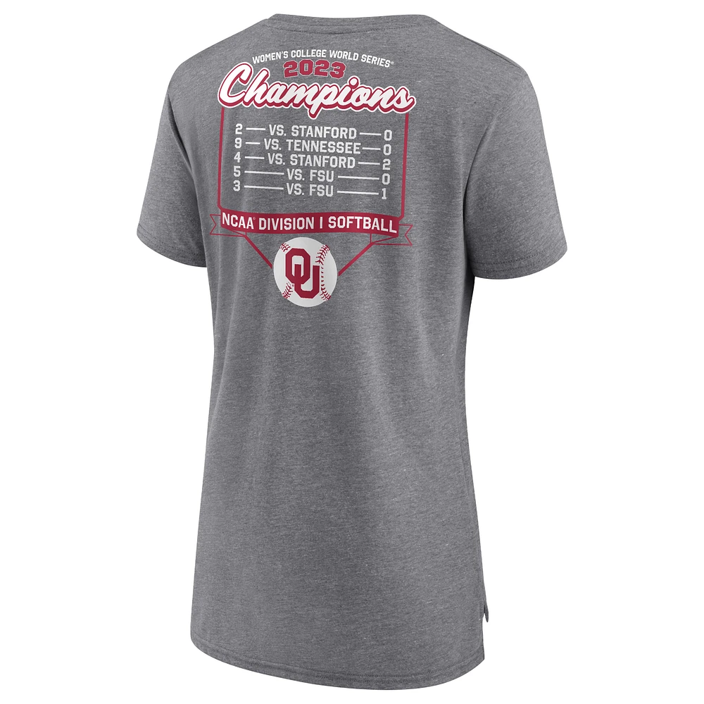 Women's Fanatics Heather Gray Oklahoma Sooners 2023 NCAA Softball College World Series Champions Tri-Blend Schedule T-Shirt