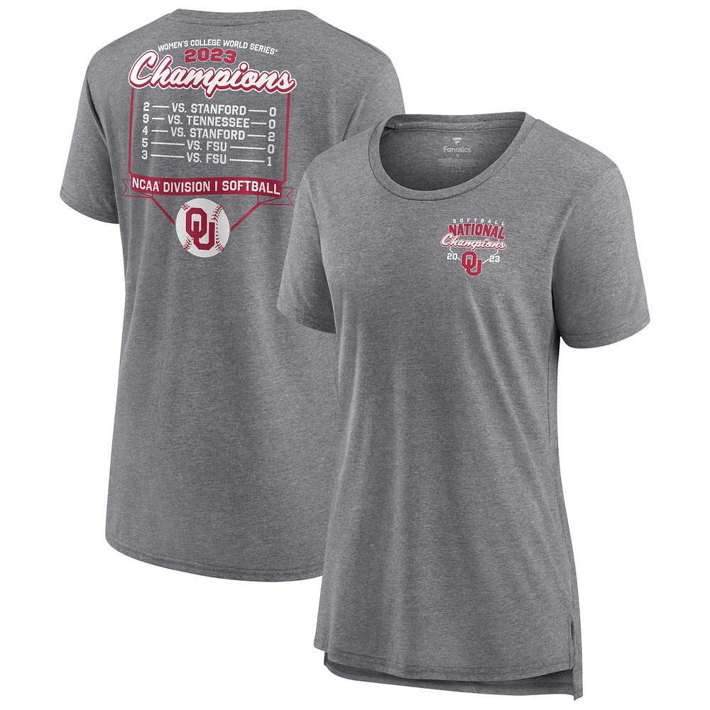 Women's Fanatics Heather Gray Oklahoma Sooners 2023 NCAA Softball College World Series Champions Tri-Blend Schedule T-Shirt