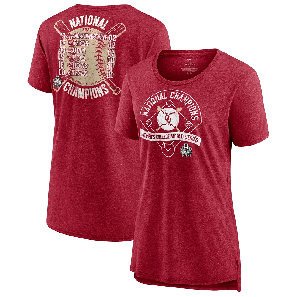 Women's Fanatics Heathered Crimson Oklahoma Sooners 2022 NCAA Softball College World Series Champions Slide Schedule T-Shirt