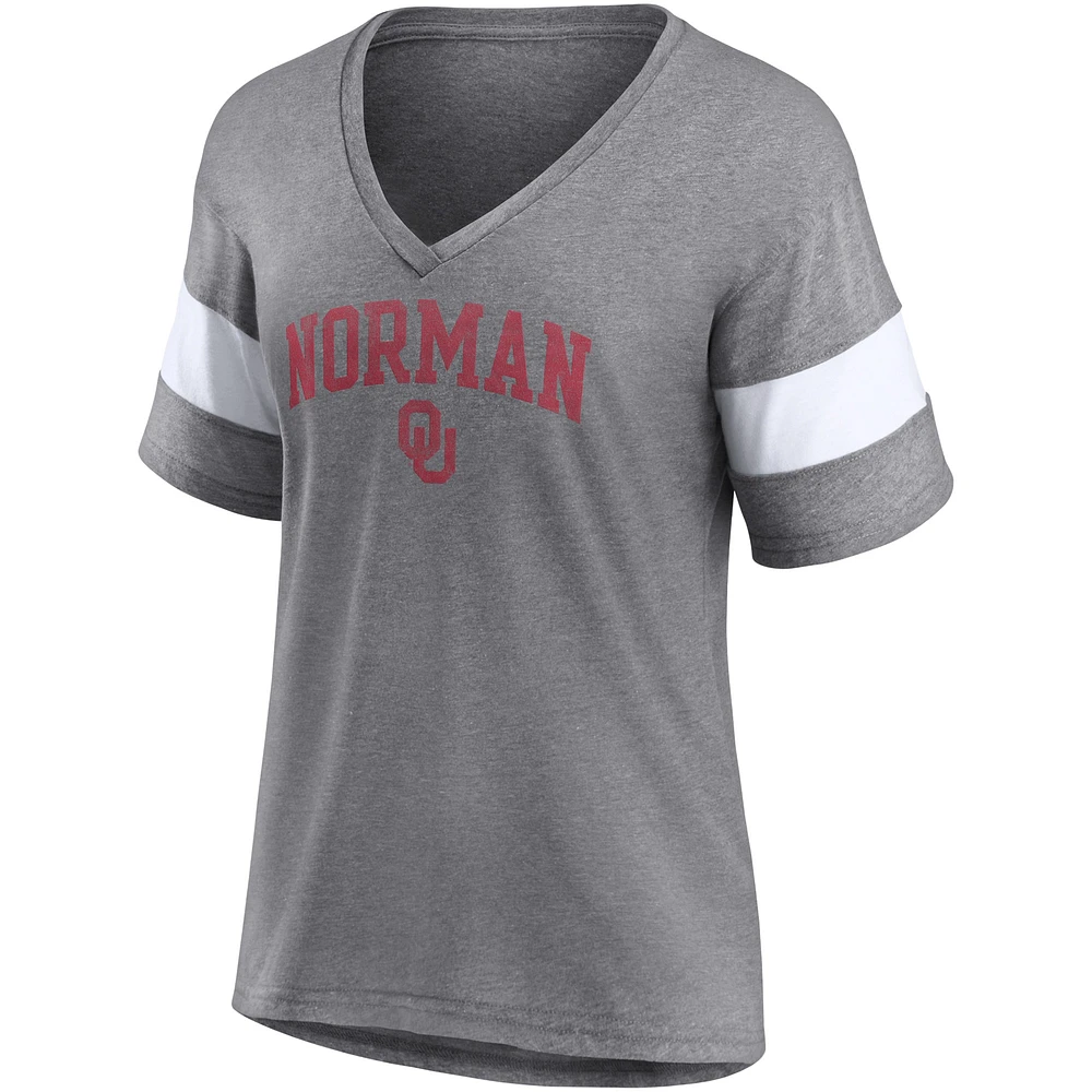 T-shirt à col en V tri-mélange manches et rayures Fanatics Heathered Grey Oklahoma Sooners pour femmes