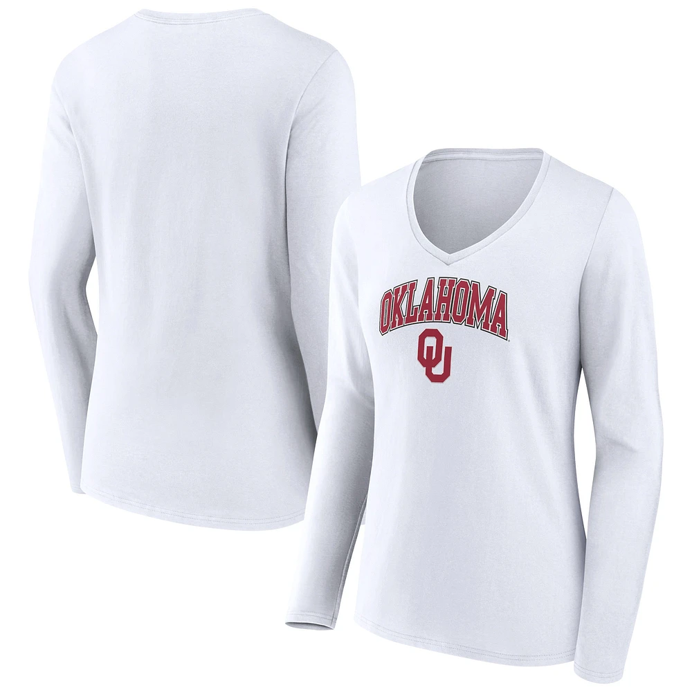 Women's Fanatics White Oklahoma Sooners Campus Long Sleeve V-Neck T-Shirt