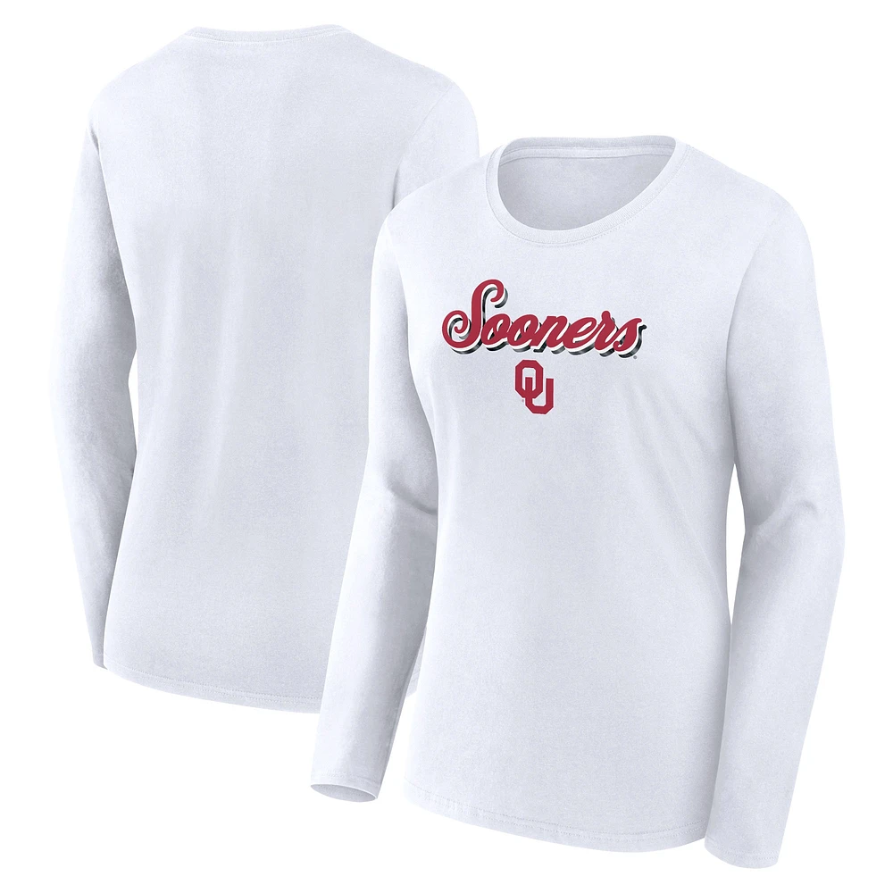 T-shirt blanc à manches longues Fanatics pour femmes Oklahoma Sooners Double Team Script