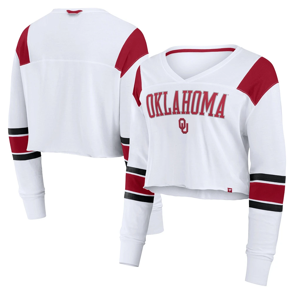 Women's Fanatics White Oklahoma Sooners Training Camp Cropped Long Sleeve V-Neck Fashion Top