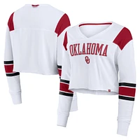 Haut court à manches longues et col en V pour femme Fanatics White Oklahoma Sooners Training Camp