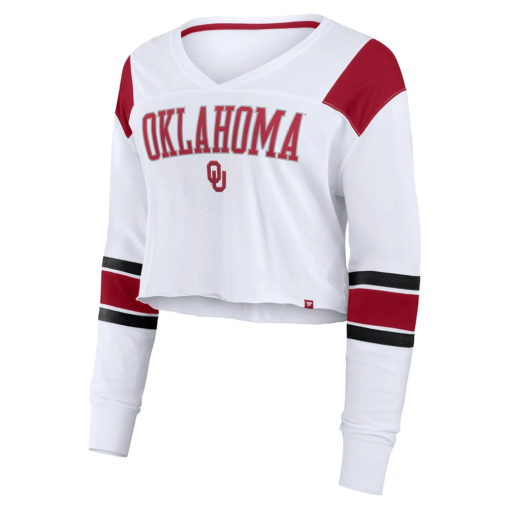 Women's Fanatics White Oklahoma Sooners Training Camp Cropped Long Sleeve V-Neck Fashion Top