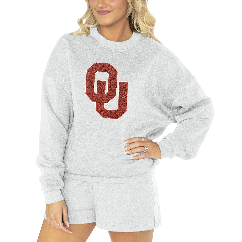 Women's Gameday Couture Ash Oklahoma Sooners Team Effort Pullover Sweatshirt & Shorts Sleep Set