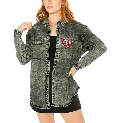 Veste en jean surdimensionnée boutonnée à trois mélanges multi-coups Oklahoma Sooners Gameday Couture Charcoal pour femmes