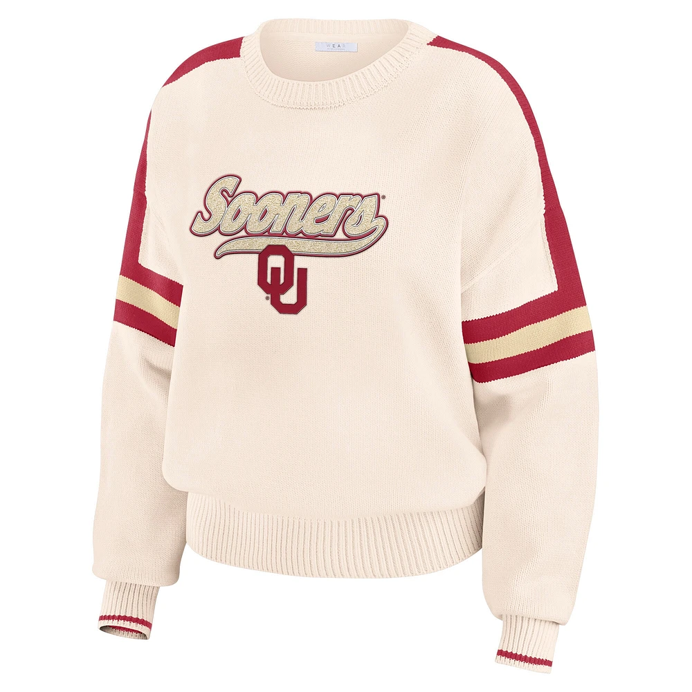 Women's WEAR by Erin Andrews  Cream Oklahoma Sooners Chenille Woven Patch Stripe Pullover Sweater