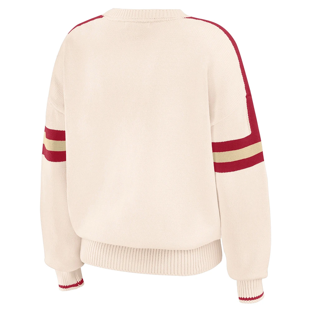 Women's WEAR by Erin Andrews  Cream Oklahoma Sooners Chenille Woven Patch Stripe Pullover Sweater