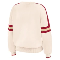 Women's WEAR by Erin Andrews  Cream Oklahoma Sooners Chenille Woven Patch Stripe Pullover Sweater