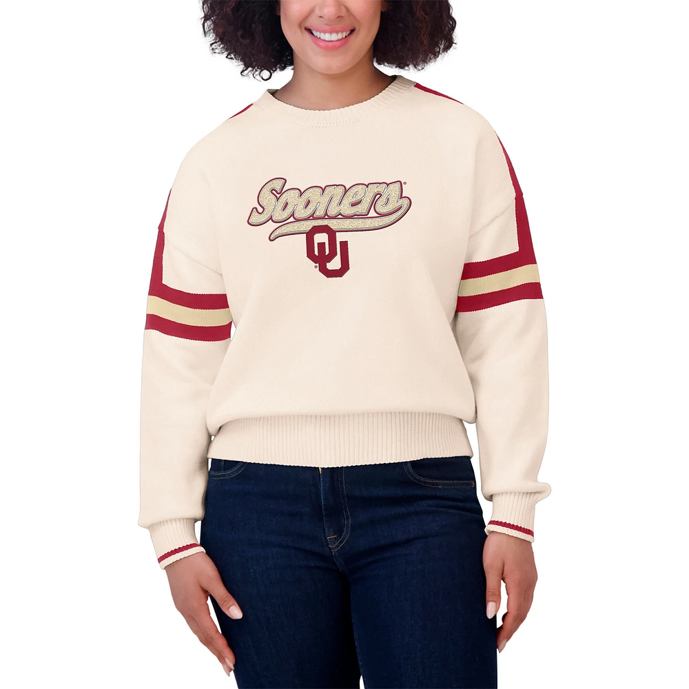 Women's WEAR by Erin Andrews  Cream Oklahoma Sooners Chenille Woven Patch Stripe Pullover Sweater