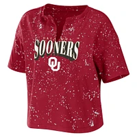 Women's WEAR by Erin Andrews Crimson Oklahoma Sooners Bleach Wash Splatter Cropped Notch Neck T-Shirt