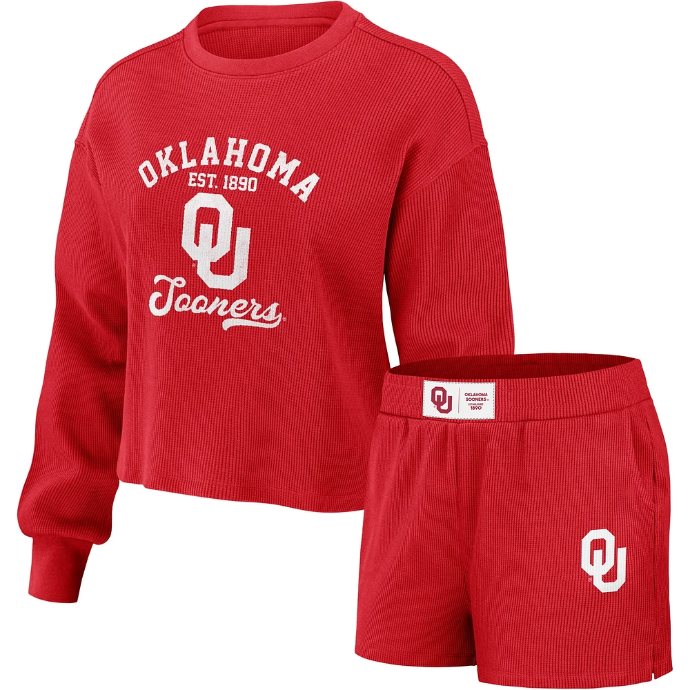 Women's WEAR by Erin Andrews Crimson Oklahoma Sooners Waffle Knit Long Sleeve T-Shirt & Shorts Lounge Set