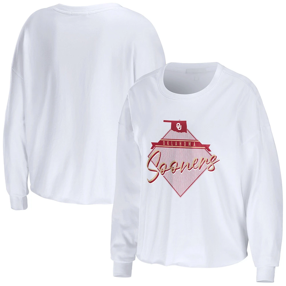 Women's WEAR by Erin Andrews White Oklahoma Sooners Diamond Long Sleeve Cropped T-Shirt