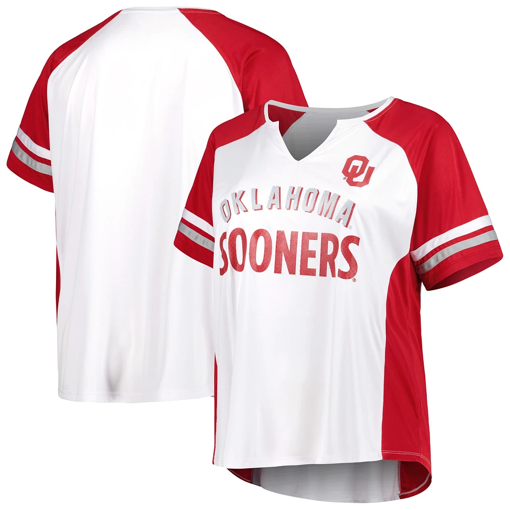 Women's White Oklahoma Sooners Plus Stripe Raglan Notch Neck T-Shirt