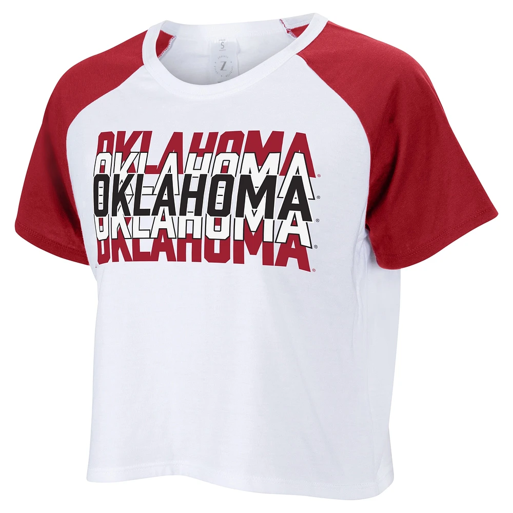 Women's ZooZatz White Oklahoma Sooners Colorblock Repeat Raglan Cropped T-Shirt