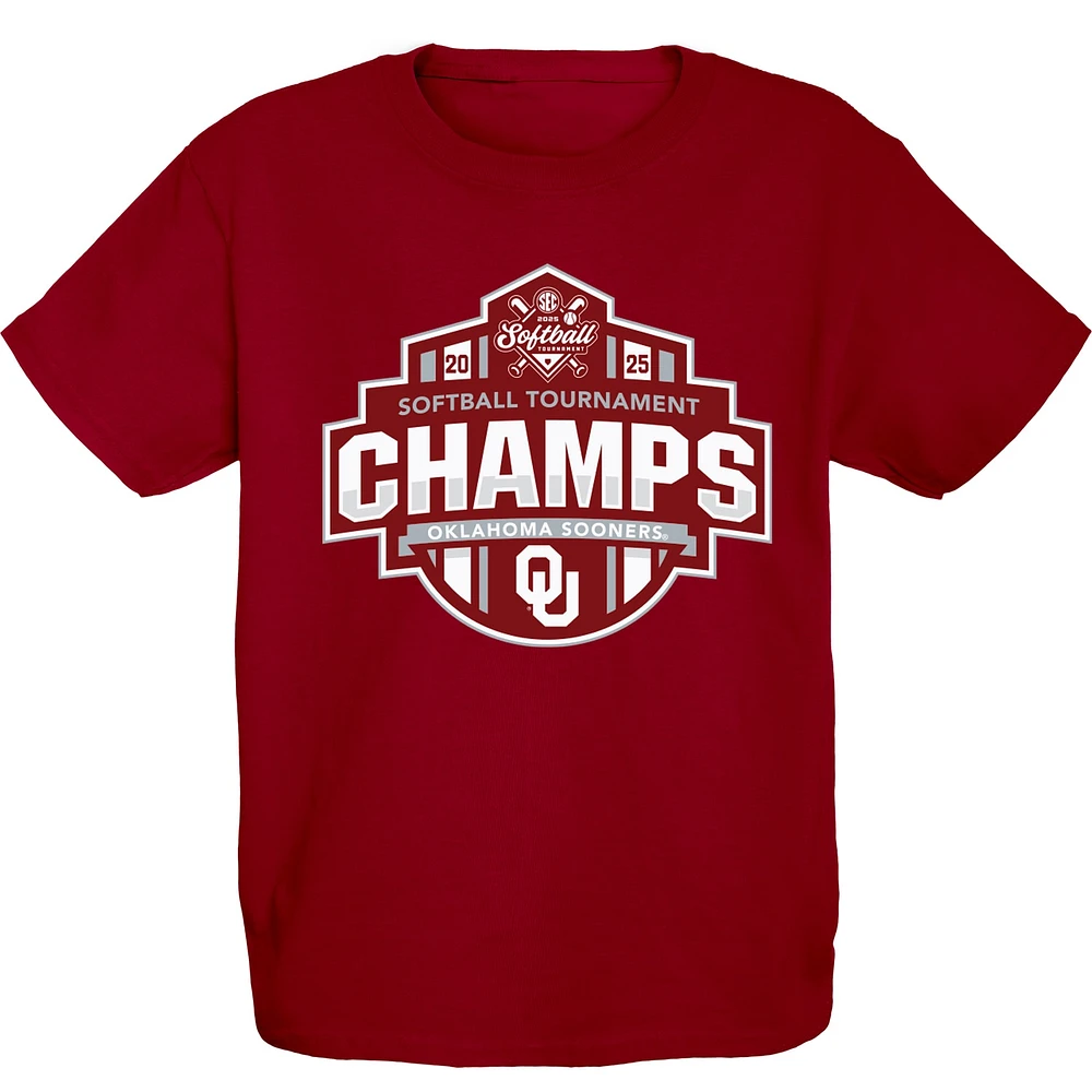 T-shirt bleu 84 Crimson des Sooners de l'Oklahoma pour jeunes, champions du tournoi softball la conférence SEC 2025, vestiaire