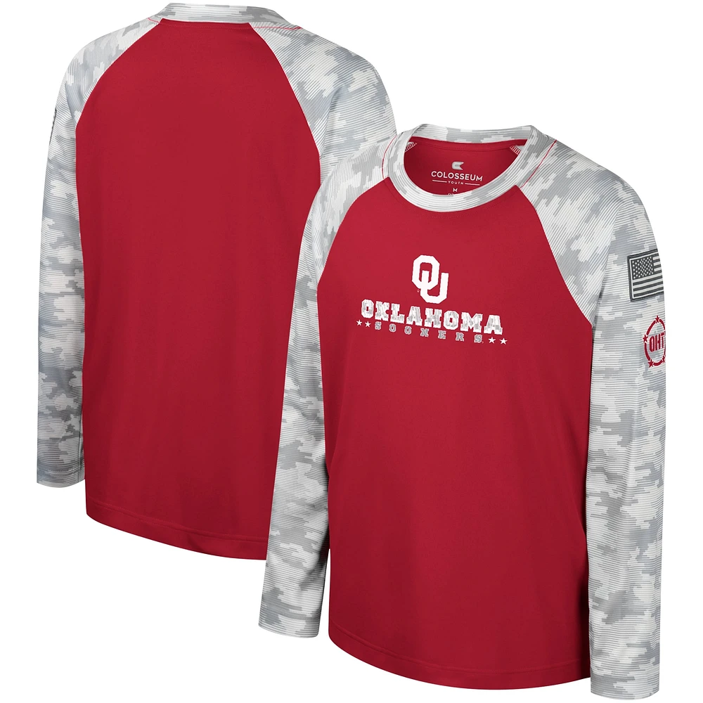 Youth Colosseum Crimson/Camo Oklahoma Sooners OHT Military Appreciation Dark Star Raglan Long Sleeve T-Shirt