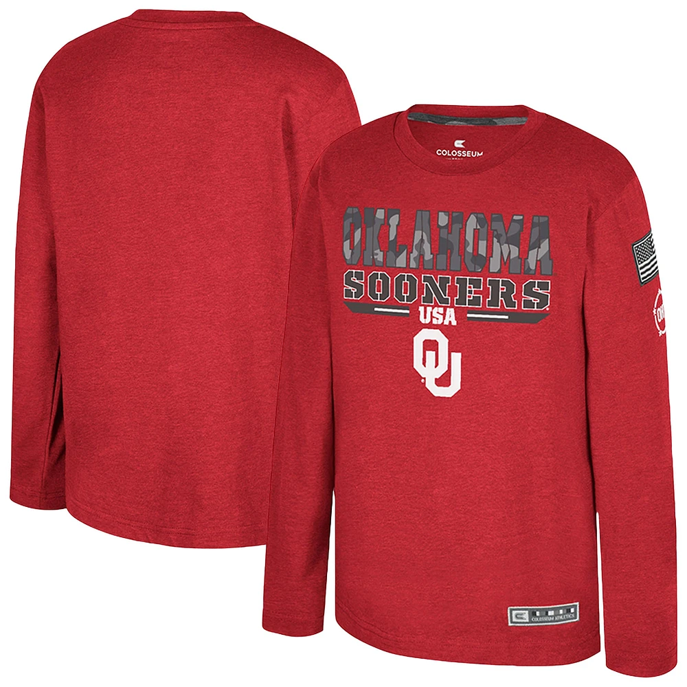 T-shirt à manches longues Oorah de reconnaissance militaire l'Oklahoma Sooners Heather Crimson Youth Colosseum