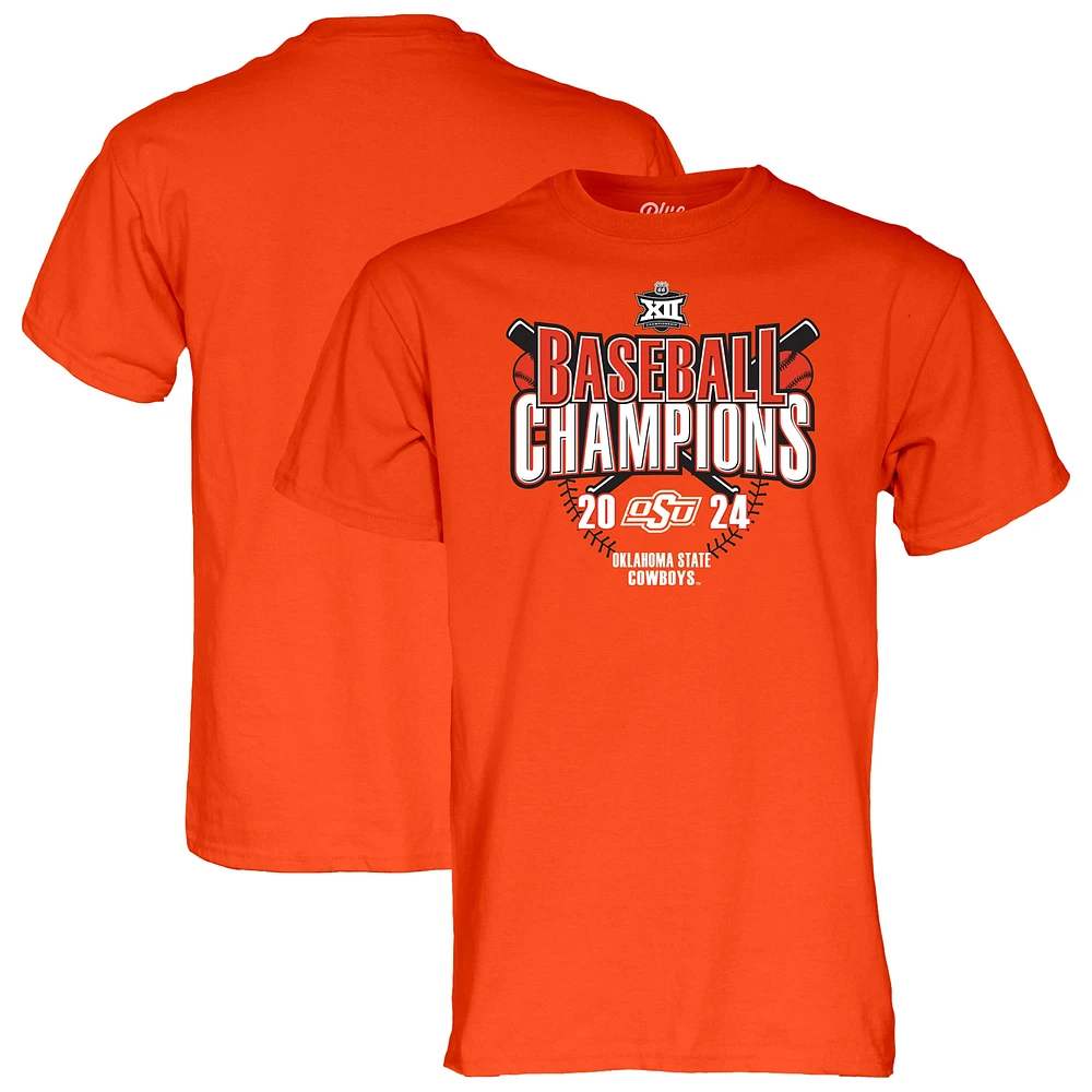 T-shirt bleu 84 orange pour hommes des Cowboys de l'État d'Oklahoma 2024 Big 12 Baseball Conference Tournament Champions Vestiaire