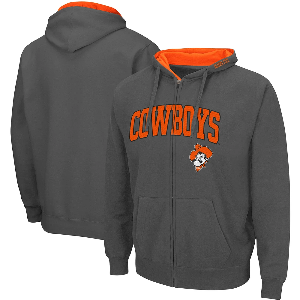 Sweat à capuche entièrement zippé pour homme Colosseum Charcoal Oklahoma State Cowboys Arch & Logo 3.0