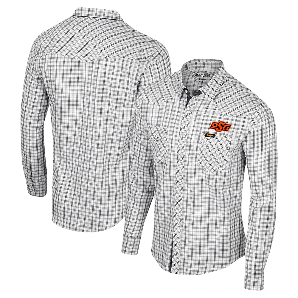 Men's Colosseum x Wrangler White Oklahoma State Cowboys Plaid Window Pane Long Sleeve Full-Snap Shirt