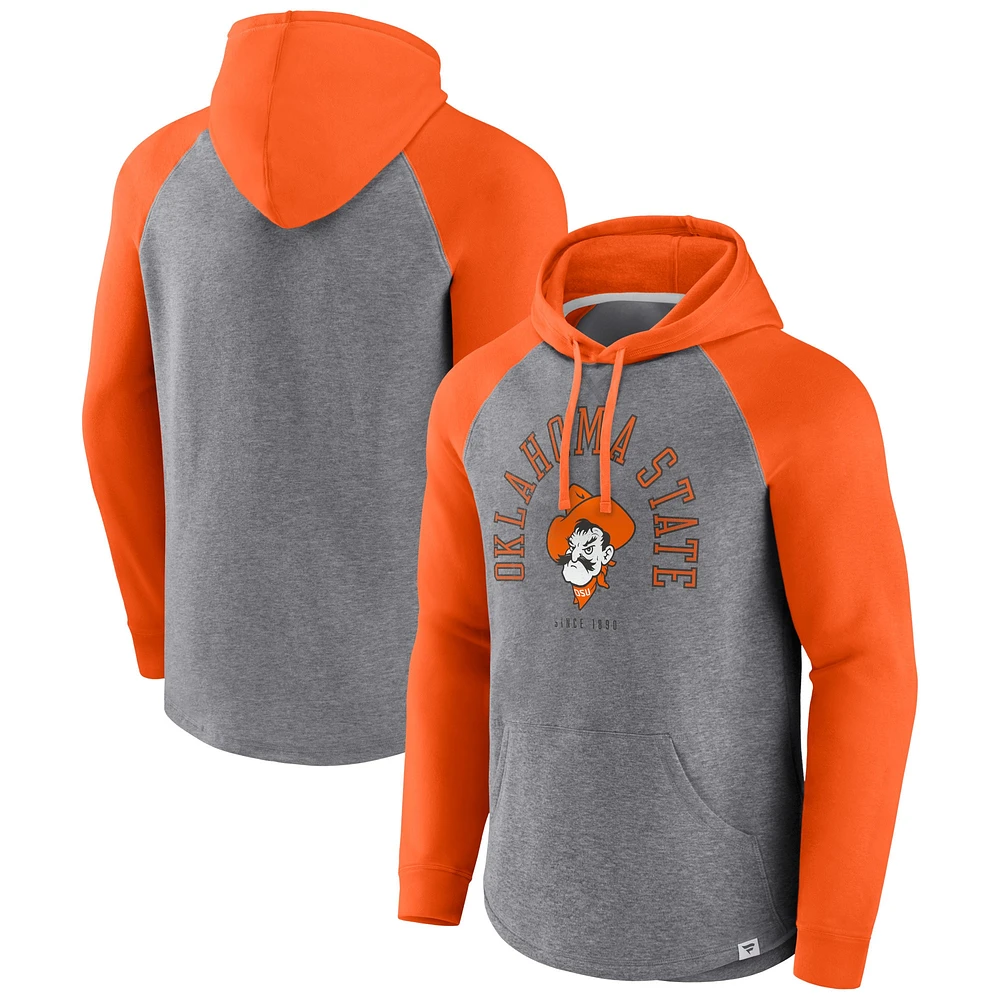 Sweat à capuche raglan orange/gris chiné fanatiques pour hommes des Cowboys de l'Oklahoma State