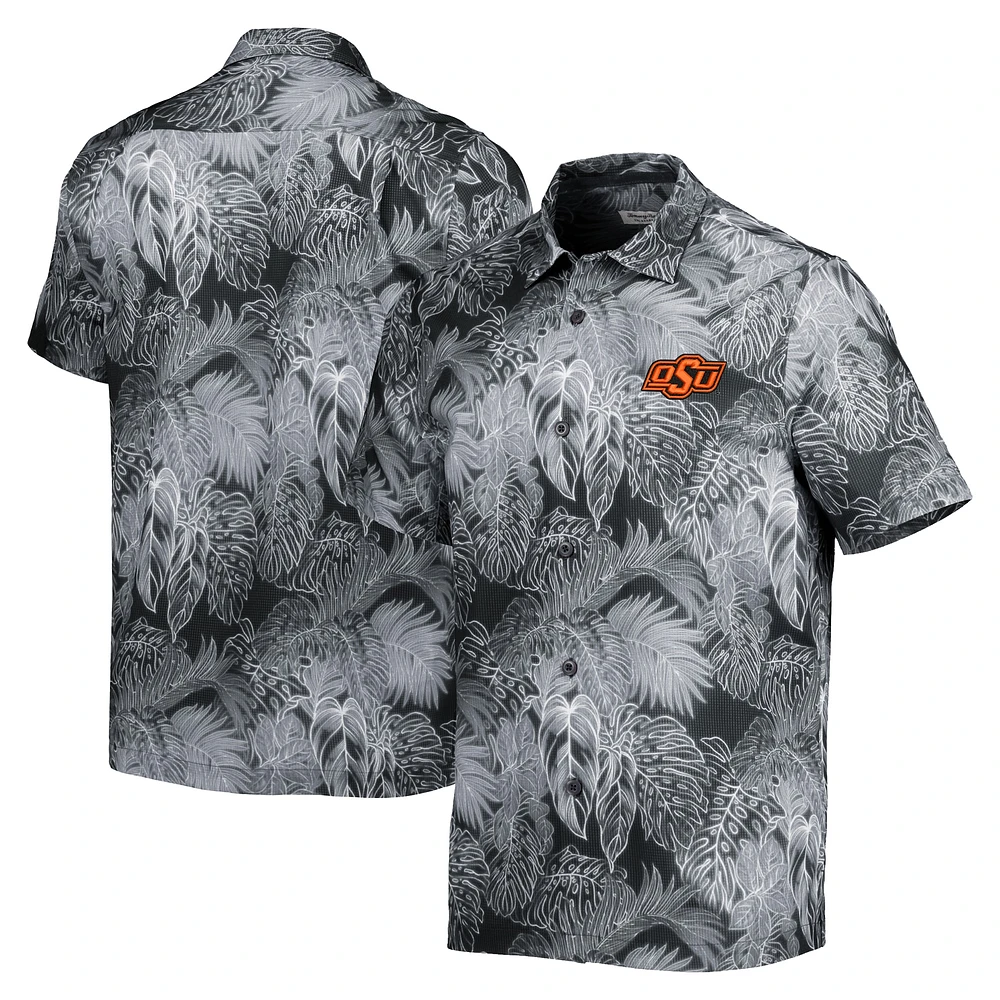 Men's Tommy Bahama Black Oklahoma State Cowboys Coast Luminescent Fronds IslandZone Button-Up Camp Shirt